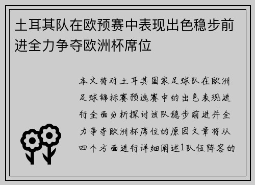 土耳其队在欧预赛中表现出色稳步前进全力争夺欧洲杯席位