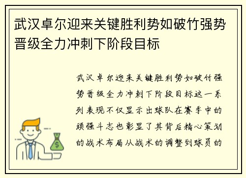 武汉卓尔迎来关键胜利势如破竹强势晋级全力冲刺下阶段目标