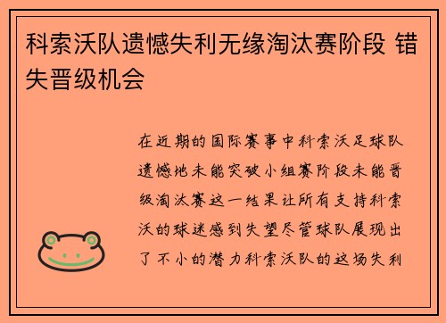科索沃队遗憾失利无缘淘汰赛阶段 错失晋级机会