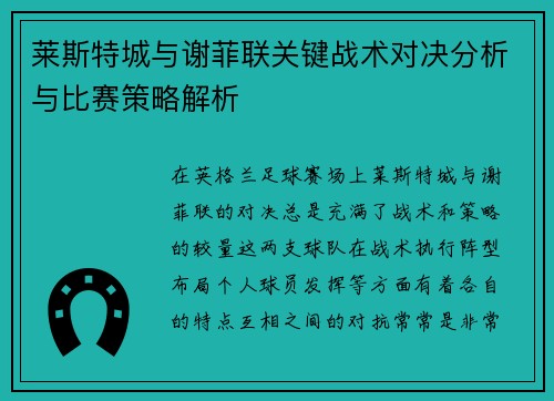 莱斯特城与谢菲联关键战术对决分析与比赛策略解析