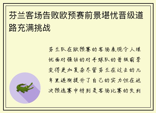 芬兰客场告败欧预赛前景堪忧晋级道路充满挑战