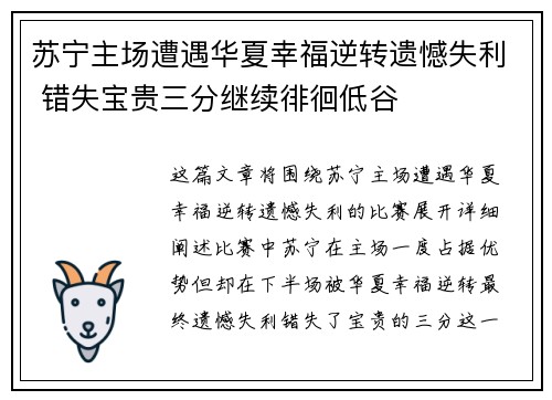 苏宁主场遭遇华夏幸福逆转遗憾失利 错失宝贵三分继续徘徊低谷