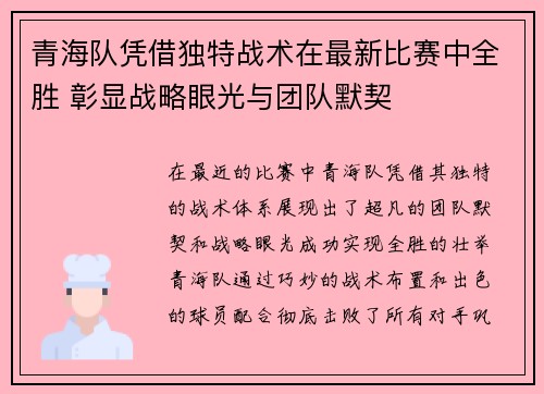 青海队凭借独特战术在最新比赛中全胜 彰显战略眼光与团队默契